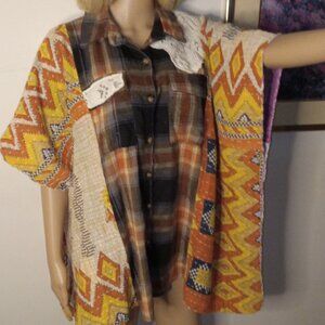 Kantha Flannel Lace Tunic 2XL & Under Upcycled Fall Cozy Boho